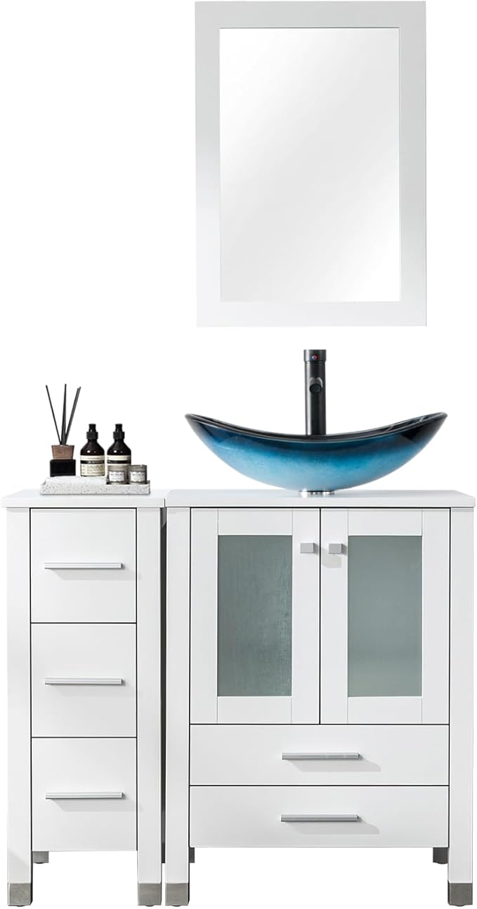 LUCKWIND 36" Bathroom Vanity with Sink Combo, 24-inch Main Cabinet with 12.6-inch Side Cabinet, Painted Bathroom Storage Cabinet with 5 Drawers, Including Blue Boat Sink Without Mirror, White