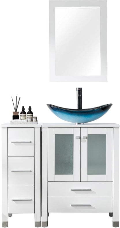 LUCKWIND 36" Bathroom Vanity with Sink Combo, 24-inch Main Cabinet with 12.6-inch Side Cabinet, Painted Bathroom Storage Cabinet with 5 Drawers, Including Blue Boat Sink Without Mirror, White