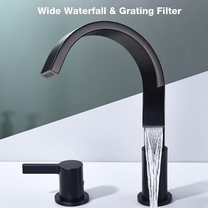 TRUSTMI 3 Hole Matte Black Bathroom Faucet 8 Inch Widespread, Brass Lavatory Vanity Sink Faucet with Overflow Pop-Up Drain and cUPC Waterlines, 360 Degree Swivel Spout