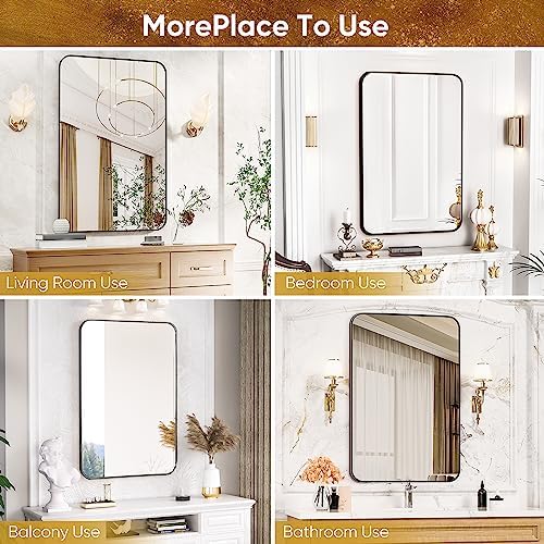 Antok 24x36 Black Metal Framed Bathroom Mirror, Wall Mirror with Round Corners, Vanity Mirror for Over Sink, Anti-Rust Tempered Glass, Horizontal/Vertical Hanging for Bathroom, Living Room, Entryway