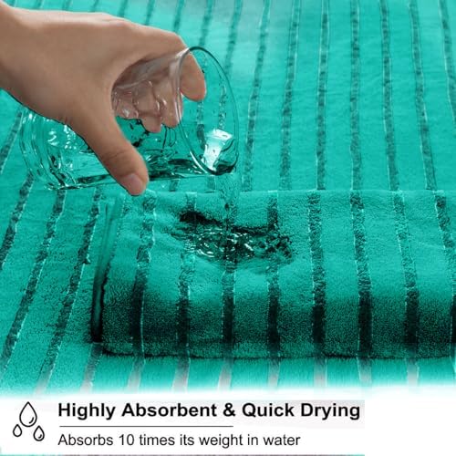 8 Pcs Blue Green Cabana Stripe Large Bath Towel Set - Oversize Bath Sheet, 2 Bathroom Towels, 2 Hand Towels, 4 Washcloths - Soft, Jumbo, Absorbent Shower Towel - Quick Dry, Beach, Spa, Gym Towel