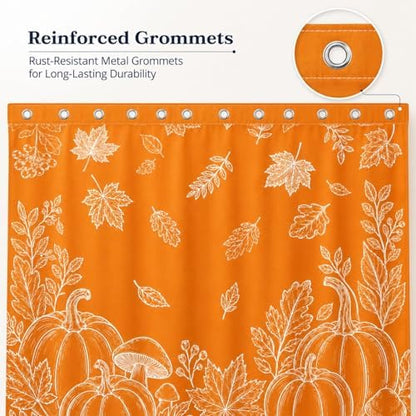 Fall Shower Curtain, Orange Pumpkin Maple Leaves Botanical Line Art Bathroom Curtain, Autumn Harvest Farmhouse Waterproof Polyester Fabric Shower Curtain with Hooks, 72x72 Inch