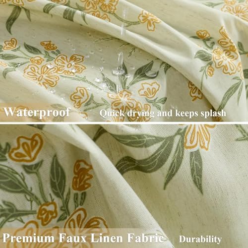 ORTIGIA Linen Shower Curtain Sage Green Floral Farmhouse Vintage Shower Curtains Boho Rustic Block Print Cottagecore Decor for Bathroom 72 W x 72 L