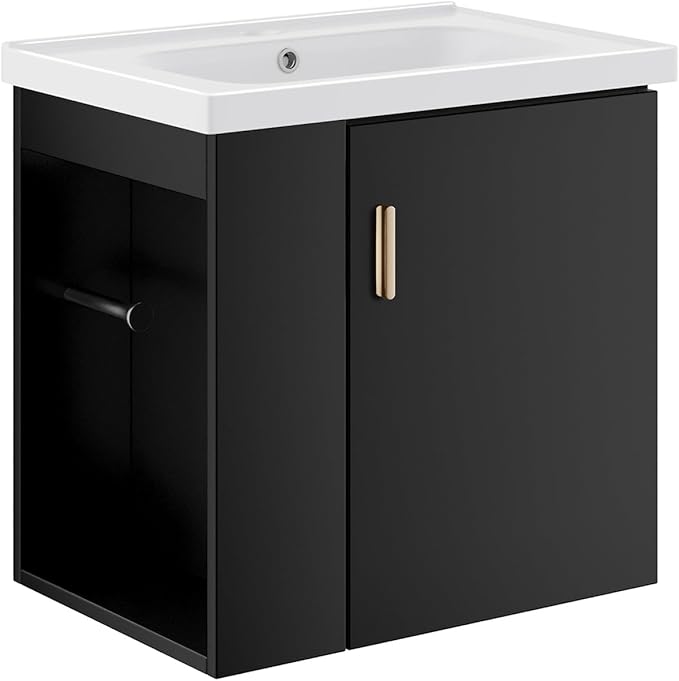 phiestina Pre-Assembled 20 Inch Floating Bathroom Vanity for Small Space, Wall-Mounted Black Cabinet with Ceramic Sink, Soft-Close Door, Left Side Storage, No Faucet,BV04-20-PUREBLACK-PLUS