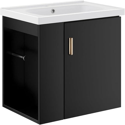 phiestina Pre-Assembled 20 Inch Floating Bathroom Vanity for Small Space, Wall-Mounted Black Cabinet with Ceramic Sink, Soft-Close Door, Left Side Storage, No Faucet,BV04-20-PUREBLACK-PLUS