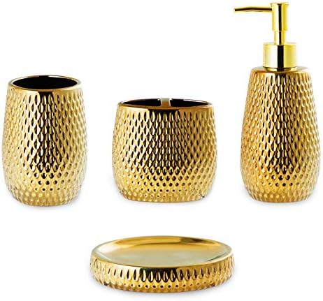 Gold Bathroom Accessory Set 4 Piece Ceramic Bath Accessories Sets Complete, Rain- Drop Shaped Bathroom Essential with Toothbrush Holder & Dish, Tumbler, Soap Dispenser Set for Bath Decor
