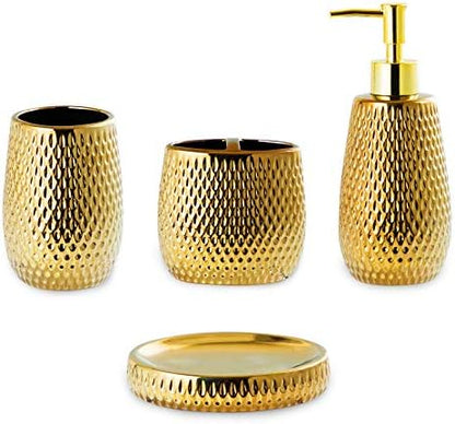 Gold Bathroom Accessory Set 4 Piece Ceramic Bath Accessories Sets Complete, Rain- Drop Shaped Bathroom Essential with Toothbrush Holder & Dish, Tumbler, Soap Dispenser Set for Bath Decor
