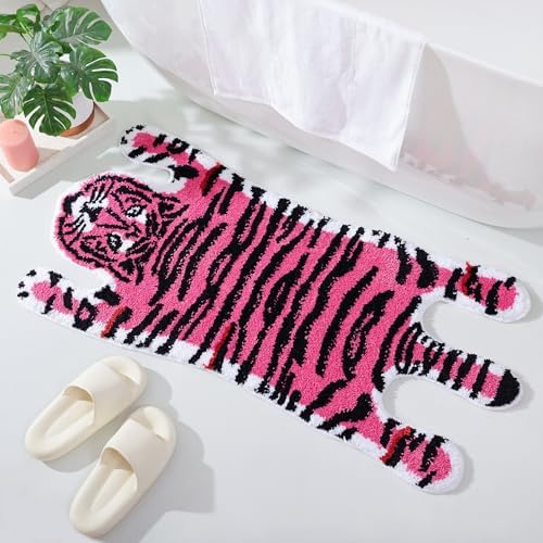 Panstar Pink Tiger Bath Mat for Bathroom, Cute Pink Tiger Cartoon Bath Mats Non Slip Animal Shaped Absorbent Bathtub Rug Bathroom Plush Shower Rugs