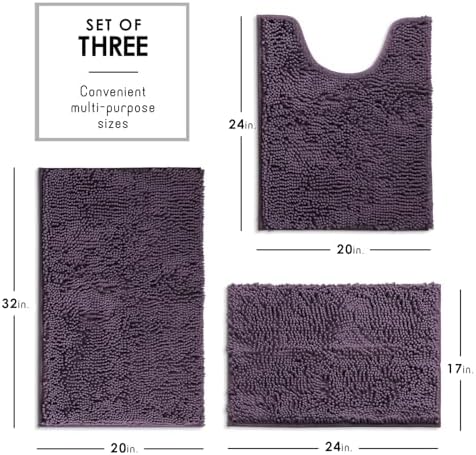 Hearth & Harbor Bathroom Rugs, Chenille Bath Mat - Machine Washable Bath Mats for Bathroom Non-Slip Backing Rubber, Quick Dry Mat - Purple Bath Rug, 17x24-20x32-20x24