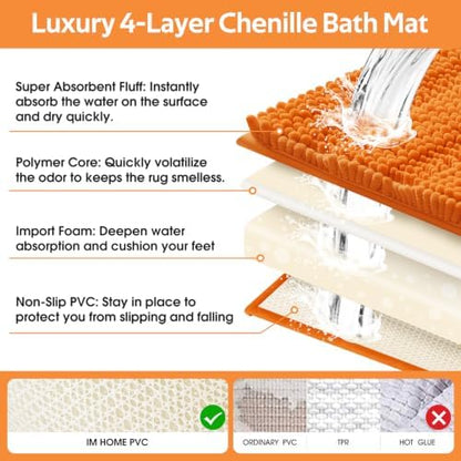 ACCUMTEK Striped Orange Bathroom Rug Set 3 Pieces Ultra Soft, Non Slip Chenille Toilet Mat, Absorbent Plush Shaggy Bath Mats for Bathroom, Bedroom, Kitchen
