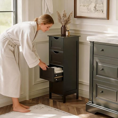 VINGLI Black Bathroom Storage Cabinet with 4 Drawers, Slim Freestanding Floor Cabinet for Small Spaces, Narrow Side Organizer Storage Unit for Restroom, Living Room & Kitchen, Farmhouse Style