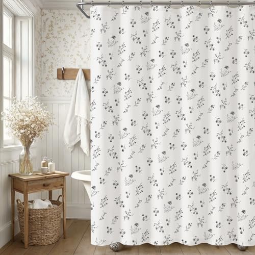 Black Floral Farmhouse Vintage Cotton Shower Curtain French Country 72Wx72H