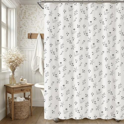 Black Floral Farmhouse Vintage Cotton Shower Curtain French Country 72Wx72H
