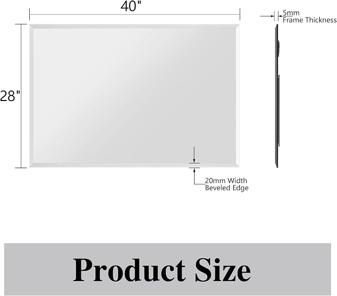 Frameless Bathroom Mirror, 40" x 28" Beveled Wall Mirror | 5mm HD glass, 20mm beveled edge, frameless, anti-rust, shatterproof, french cleat, horizontally or vertically
