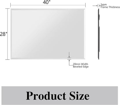 Frameless Bathroom Mirror, 40" x 28" Beveled Wall Mirror | 5mm HD glass, 20mm beveled edge, frameless, anti-rust, shatterproof, french cleat, horizontally or vertically