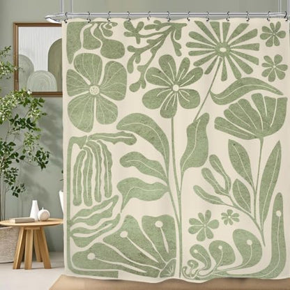 Sage Green Matisse Flower Shower Curtain 60Wx72L Inch Abstract Retro Minimalist Vintage 70s Aesthetic Bathroom Set Accessories Decor with 12 Pack Hooks