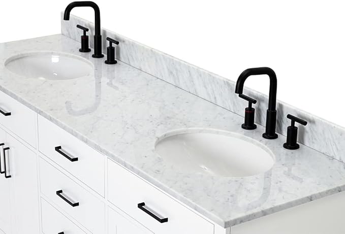 ARIEL Hepburn 72-inch Bathroom Vanity with Sink,Solid Wood, 0.75-inch Italian Carrara Marble Countertop & Backsplash, Double Oval Porcelain Sink, 4 Soft Closing Doors, 6 Dovetail Drawers, White