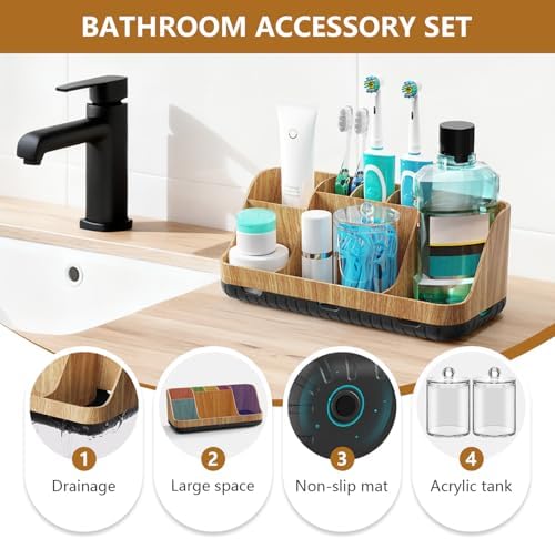 GFWARE Bathroom Toothbrush Holder Set with 2 Pack Qtip Holder Dispenser - 7 Slots Kids Bathroom Accessory Sets with Drainage, Q Tip Holder for Bathroom Sink Counter Accessories Set
