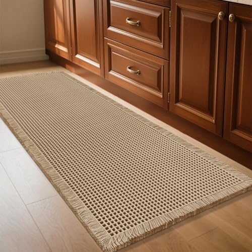 IM HOME Waffle Bath Mat Beige 4'x2', Boho Woven Modern Bath Mat Rugs, Absorbent Non Slip Bathroom Rugs, Soft Washable Bath Rugs with Tassels for Bathroom, Bedroom, Kitchen, Shower, Tub