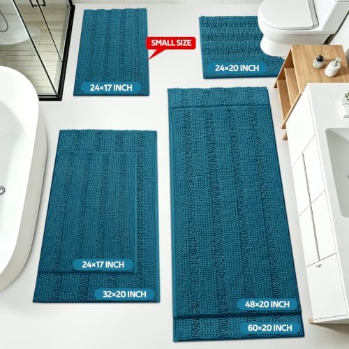 ACCUMTEK Comfydew Striped Teal Blue Bathroom Rug Set 3 Pieces Ultra Soft, Non Slip Chenille Toilet Mat, Absorbent Plush Shaggy Bath Mats for Bathroom, Bedroom, Kitchen