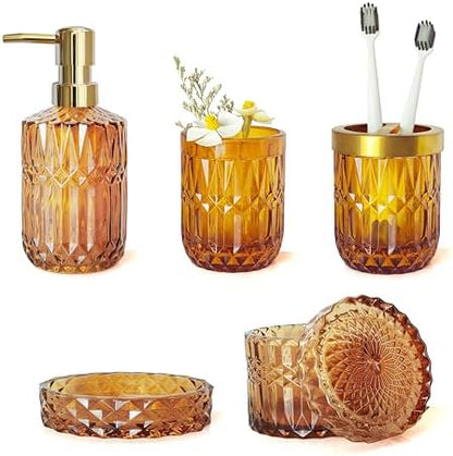 LaMarriti Amber Bathroom Accessories Set, 5Pcs Clear Glass Bathroom Set