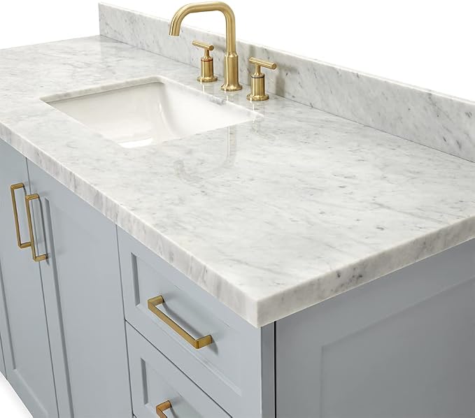 Emilia 60 Inch Bathroom Vanity Single Sink — Grey Bathroom Vanity with Sink, 1.5" Edge Italian Carrara Marble Countertop, Solid Wood, 2 Soft-Close Doors, 9 Dovetail Drawers