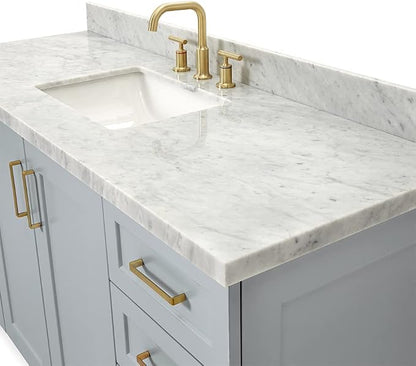 Emilia 60 Inch Bathroom Vanity Single Sink — Grey Bathroom Vanity with Sink, 1.5" Edge Italian Carrara Marble Countertop, Solid Wood, 2 Soft-Close Doors, 9 Dovetail Drawers