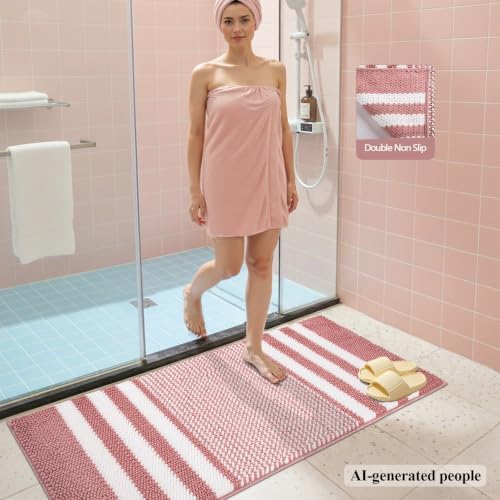 BSICPRO Bathroom Rugs Sets 2 Piece, Non Slip Striped Bath Mats, Dusty Pink