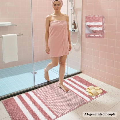 BSICPRO Bathroom Rugs Sets 2 Piece, Non Slip Striped Bath Mats, Dusty Pink