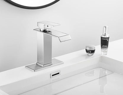Bathroom Faucet Brushed Nickel Waterfall with Pop Up Drain Overflow Stopper Single Hole Vanity Sink Bath Lavatory One Handle Basin Mixer Tap with Supply Line Commercial Deck Mount