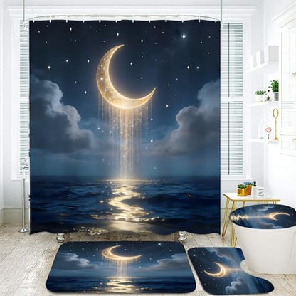 LQCOOL 4Pcs Moon Shower Curtain Set Blue and Gold Sea Bathroom Sets for Bathroom with Rugs Shower Curtain with 12 Hooks