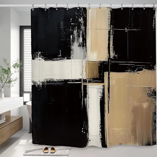 Abstract Modern Neutral Shower Curtain 60Wx72L Inch Black Tan Minimalist Contemporary Art Brush Stroke Painting Bathroom Set Accessories Decor with 12 Pack Hooks