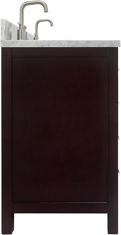 ARIEL Cambridge 66-inch Bathroom Vanity with Sink,Solid Wood, 1.5-inch Italian Carrara Marble Countertop & Backsplash, Double Oval Porcelain Sink, 4 Soft Closing Doors, 6 Dovetail Drawers, Espresso