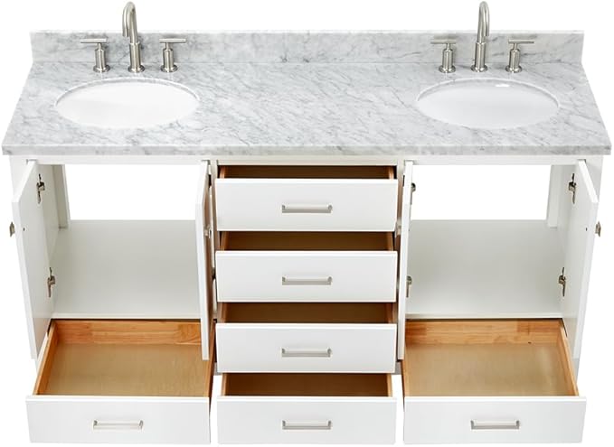 ARIEL Cambridge 66-inch Bathroom Vanity with Sink,Solid Wood, 0.75-inch Italian Carrara Marble Countertop & Backsplash, Double Oval Porcelain Sink, 4 Soft Closing Doors, 6 Dovetail Drawers, White