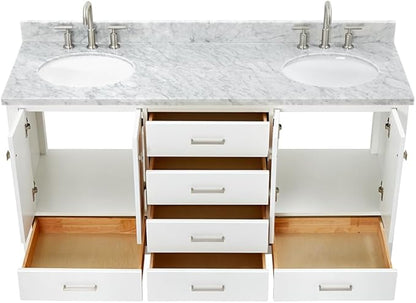 ARIEL Cambridge 66-inch Bathroom Vanity with Sink,Solid Wood, 0.75-inch Italian Carrara Marble Countertop & Backsplash, Double Oval Porcelain Sink, 4 Soft Closing Doors, 6 Dovetail Drawers, White