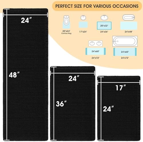 IM HOME Waffle Bath Mat Set 3 Piece Black,Woven Modern Bath Rug Mats, Absorbent Non Slip Bath Floor Mat, Soft Washable Boho Bath Rugs with Tassels for Bathroom, Bedroom, Kitchen,Tub