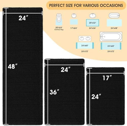 IM HOME Waffle Bath Mat Set 3 Piece Black,Woven Modern Bath Rug Mats, Absorbent Non Slip Bath Floor Mat, Soft Washable Boho Bath Rugs with Tassels for Bathroom, Bedroom, Kitchen,Tub