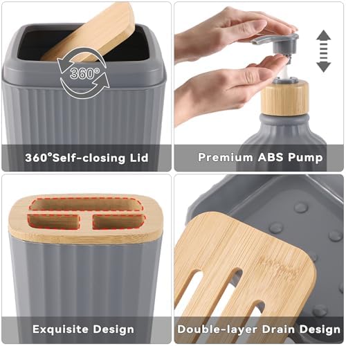32PCS Grey Bathroom Accessories Set with Shower Curtain,Rugs,Trash Can,3PCS Lotion Soap Dispenser, Toothbrush Holder, Soap Dish,Tumbler Cup,6PCS Wood Tags Bath Accessories with Tray for Bathroom