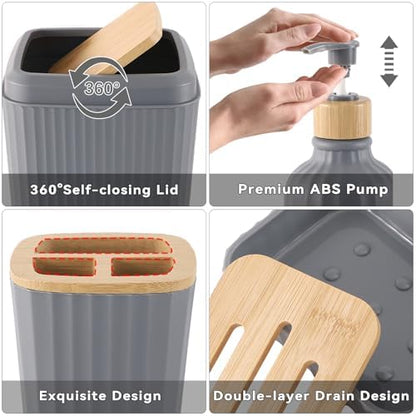32PCS Grey Bathroom Accessories Set with Shower Curtain,Rugs,Trash Can,3PCS Lotion Soap Dispenser, Toothbrush Holder, Soap Dish,Tumbler Cup,6PCS Wood Tags Bath Accessories with Tray for Bathroom