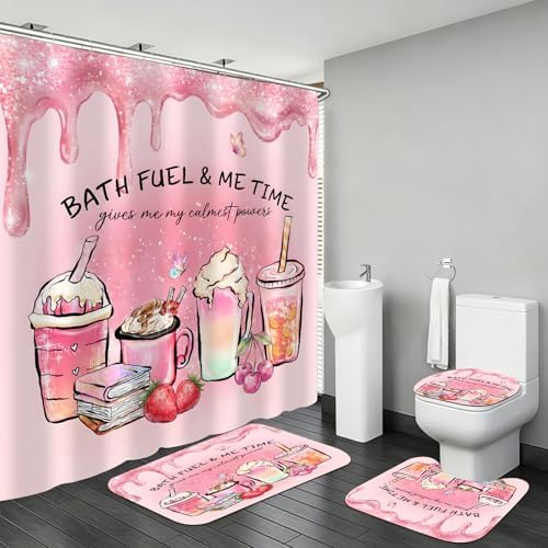 LQCOOL Pink Shower Curtain Set with Rugs,Waterproof Bathroom Sets Pink Shower Curtain with 12 Hooks for Bathroom Decor,Toilet Lid Cover & U-Shaped Mat
