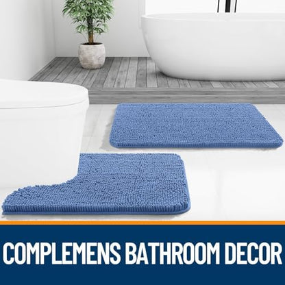 OLANLY Chenille Bathroom Rugs Set 2 Piece, 47"x20"+24"x20", Cornflower Blue