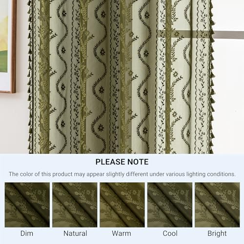 WAZZIO Olive Green Lace Shower Curtain for Bathroom 72" W x 72" L, Victorian Farmhouse Floral Pattern Tassel Fancy Shower Curtain Boho Washable Cloth Decorative Bath Curtains,1 Panel