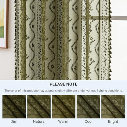 WAZZIO Olive Green Lace Shower Curtain for Bathroom 72" W x 72" L, Victorian Farmhouse Floral Pattern Tassel Fancy Shower Curtain Boho Washable Cloth Decorative Bath Curtains,1 Panel
