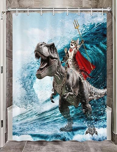 JAWO Camper Shower Curtain, Cool Cat Dinosaur Japanese Ocean Wave Rv Shower Curtains, Cat Riding Dinosaur Fun Nautical Bath Curtain for Kids Children, 47X64inch, Blue