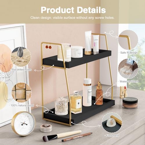 Forbena Black and Gold Bathroom Organizer Countertop, 2 Tier Counter Organizer for Bathroom Decor, Modern Sink Shelf Organizers for Vanity Storage, Make upTray for Makeup Bedroom