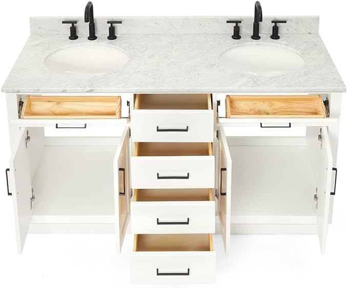ARIEL Hepburn 60-inch Bathroom Vanity with Sink,Solid Wood, 0.75-inch Italian Carrara Marble Countertop & Backsplash, Double Oval Porcelain Sink, 4 Soft Closing Doors, 6 Dovetail Drawers, White
