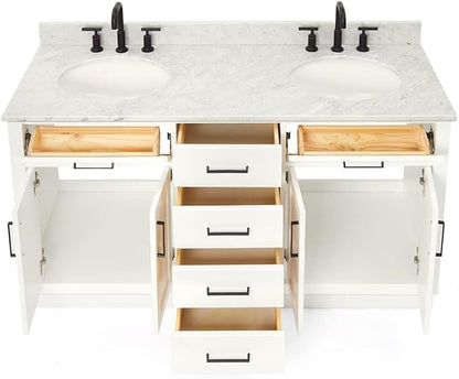 ARIEL Hepburn 60-inch Bathroom Vanity with Sink,Solid Wood, 0.75-inch Italian Carrara Marble Countertop & Backsplash, Double Oval Porcelain Sink, 4 Soft Closing Doors, 6 Dovetail Drawers, White