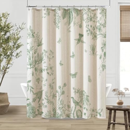 ORTIGIA Linen Shower Curtain Farmhouse Vintage Cottagecore Sage Green Birds Floral Shower Curtains Spring Summer Boho Rustic Decor for Bathroom 72 W x 72 L