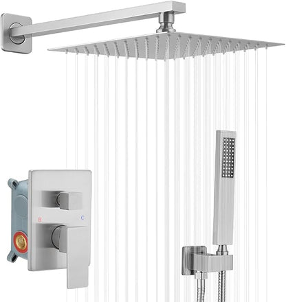 Brushed Nickel Shower System 10 Inches Bathroom Luxury Rain Shower Head with Handheld Combo Set Wall Mounted High Pressure Rainfall Shower Head System Shower Faucet with Valve and Trim Kit