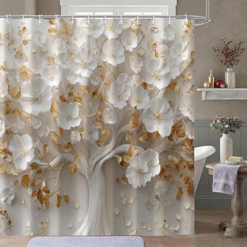 Moonslim White Gold Floral Tree Shower Curtain, Modern Aesthetic Elegant Bathroom Decor Waterproof Polyester Fabric Bath Curtain with Hooks 72x72 Inch